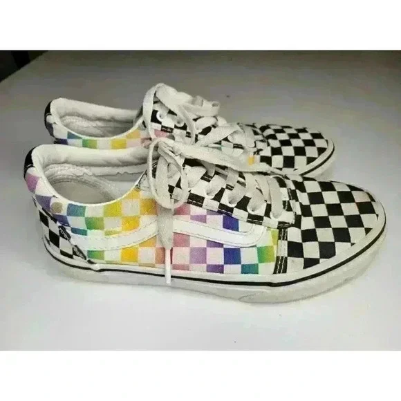 Vans Ward Rainbow Checkered Black White Multi Canvas Missy Sneakers Size 3 - Picture 1 of 7